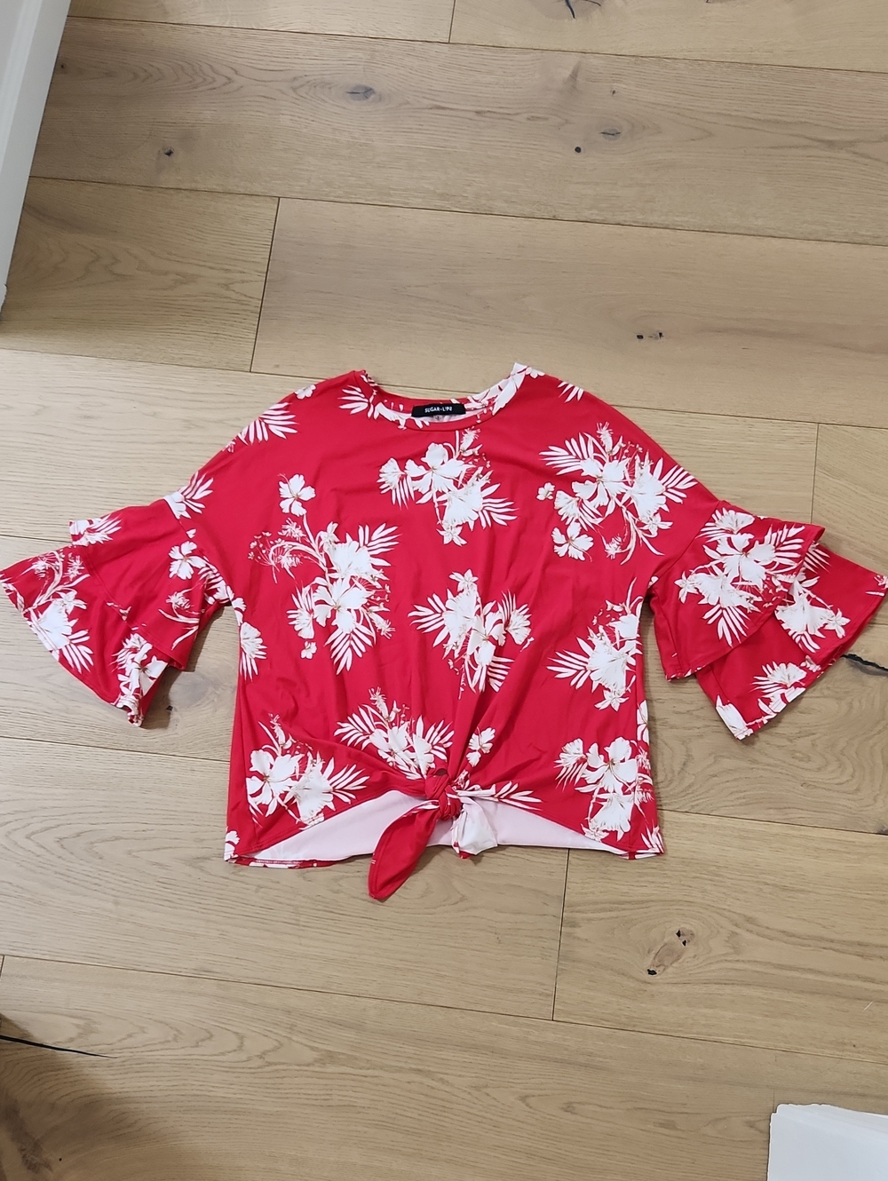 Sugarlips Red Floral Tie-Front Blouse with Bell Sleeves